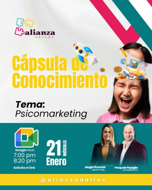 ¿Alguna vez te has preguntado qué pasa por la mente de tus clientes antes de comprar? 🤔💡
En nuestra próxima Cápsula de Conocimiento, exploraremos el fascinante mundo del Psicomarketing.
Aprenderás cómo las emociones y el comportamiento humano influyen en las decisiones de compra y cómo puedes aplicar estas estrategias en tu negocio.
🎙️ Invitados especiales:
• Magie Pimentel (@psicomag_ )
• Pasquale Perpiglia (@credittoscana )
🗓 Cuándo: Miércoles, 21 de enero.
⏰ Hora: 7:00 pm - 8:20 pm.
📍 Plataforma: Google Meet.
🚀 ¡No te quedes fuera! Solicita el link de acceso por mensaje directo
#AlianzaDallas #Psicomarketing #Emprendimiento #MarketingDigital