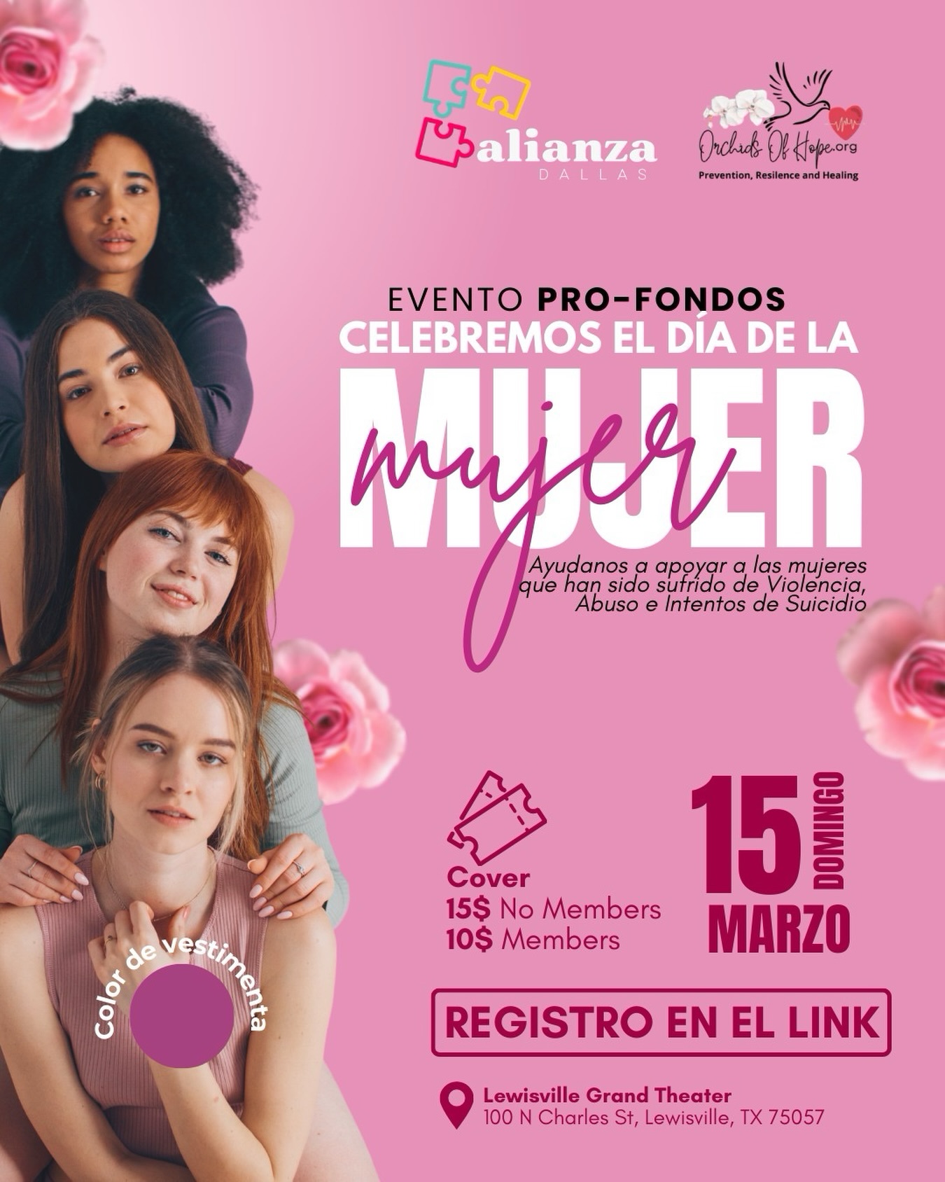 ¡Celebremos la fuerza y la resiliencia de la mujer! 🌸✨
Te invitamos a nuestro Evento Pro-Fondos en honor al Día de la Mujer. Más que una celebración, es un espacio de apoyo para aquellas valientes que han enfrentado violencia, abuso o intentos de suicidio. Tu presencia ayuda a transformar vidas a través de los programas de Alianza Dallas y Orchids of Hope.
🗓 Fecha: Domingo, 15 de marzo
📍 Lugar: Lewisville Grand Theater (100 N Charles St, Lewisville, TX)
💜 Código de vestimenta: ¡Viste de color púrpura/morado!
🎟 Cover: $15 No Miembros | $10 Miembros
¡Tu apoyo hace la diferencia! Asegura tu lugar registrándote en el enlace en la bio