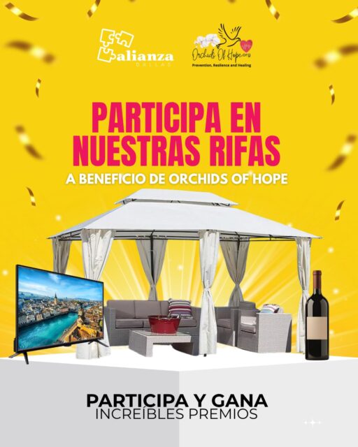 🤩 Participa en las rifas a beneficio de Orchids of Hope, organizadas por Alianza Dallas

💥 ¿Te gustaría ganar un televisor de pantalla plana, un juego de sala exterior con carpa y una botella de vino? 

¡Esta es tu oportunidad!

🌿 Crea el espacio perfecto para relajarte y disfrutar de momentos inolvidables con tu familia y amigos

🤝 ¡No solo estarás mejorando tu hogar, sino que también estarás apoyando una noble causa! Cada boleto que compres nos ayuda a seguir brindando esperanza a quienes lo necesitan.