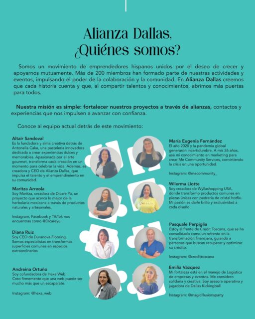 ¿Sabías que el éxito no se alcanza solo, sino en comunidad? 🤝✨

En Alianza Dallas no solo somos emprendedores, somos un movimiento de hispanos unidos para crecer y apoyarnos mutuamente. Creemos firmemente que cada historia cuenta y que al compartir nuestros talentos, abrimos puertas para todos.
Nuestra misión es simple pero poderosa: fortalecer nuestros proyectos a través de alianzas, contactos y experiencias que nos den la confianza para avanzar.

Hoy queremos presentarte a las mentes detrás de este movimiento:
 @antonellascake 
@mecommunity_ 
@dicareyu 
@wyllashopping_usa 
@duranovaflooring 
@hexa_web 
@credittoscana 
@magicillusionsparty 

Más de 200 miembros ya han sido parte de esta historia. ¿Y tú? ¿Estás listo para impulsar tu poder de colaboración? 🚀
¡Déjanos un “¡Vamos!” en los comentarios si crees en el poder de las alianzas! ✨