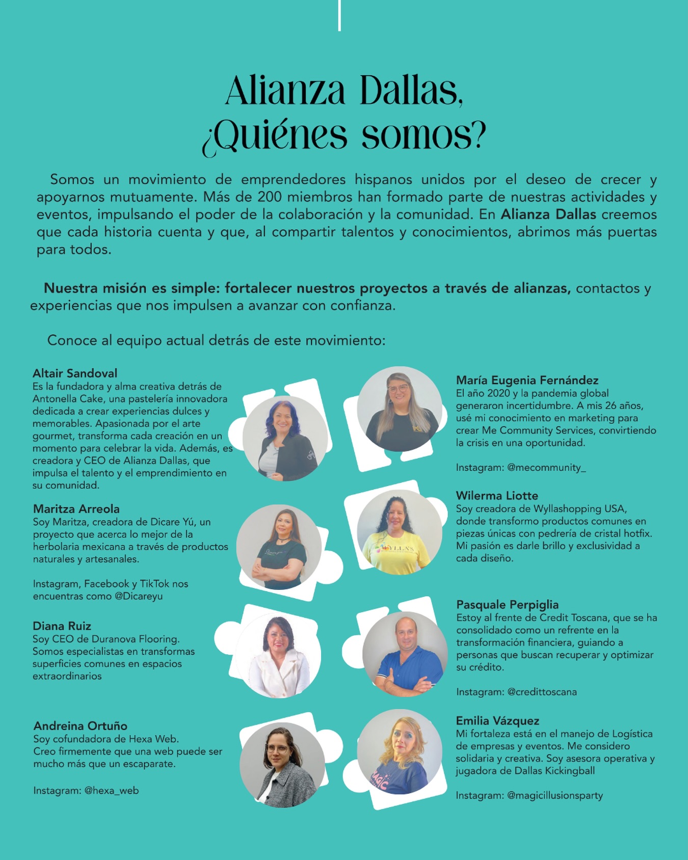 ¿Sabías que el éxito no se alcanza solo, sino en comunidad? 🤝✨

En Alianza Dallas no solo somos emprendedores, somos un movimiento de hispanos unidos para crecer y apoyarnos mutuamente. Creemos firmemente que cada historia cuenta y que al compartir nuestros talentos, abrimos puertas para todos.
Nuestra misión es simple pero poderosa: fortalecer nuestros proyectos a través de alianzas, contactos y experiencias que nos den la confianza para avanzar.

Hoy queremos presentarte a las mentes detrás de este movimiento:
 @antonellascake 
@mecommunity_ 
@dicareyu 
@wyllashopping_usa 
@duranovaflooring 
@hexa_web 
@credittoscana 
@magicillusionsparty 

Más de 200 miembros ya han sido parte de esta historia. ¿Y tú? ¿Estás listo para impulsar tu poder de colaboración? 🚀
¡Déjanos un “¡Vamos!” en los comentarios si crees en el poder de las alianzas! ✨