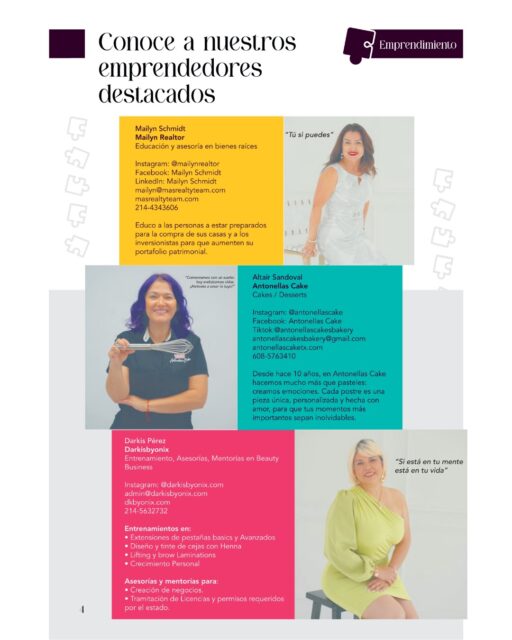 Detrás de cada logotipo, cada servicio y cada producto, hay horas de esfuerzo, sueños por cumplir y, sobre todo, mucha pasión. ❤️✨

Hoy queremos tomarnos un momento para aplaudir y presentarles a un grupo increíble de emprendedores que transforman el día a día con su talento:

🧱 José Ruiz (@duranovaflooring ): Especialista en transformar superficies comunes en espacios residenciales extraordinarios y llenos de estilo.
💼 Claudia Rengifo (@soyclaudiarengifo ): Estratega de marca, marketing digital y finanzas que impulsa un liderazgo integral y sostenible.
🎙️ Sol y Francesca Vegas (@lodicenlasvegas ): Una plataforma vibrante de comunicación, entretenimiento y conexiones culturales.
🏡 Mailyn Schmidt (@mailynrealtor ): Educación y asesoría experta en bienes raíces para ayudarte a construir tu patrimonio.
🎂 Altair Sandoval (@antonellascake ): Repostería con alma que crea piezas únicas para hacer inolvidables tus momentos especiales.
💄 Darkis Pérez (@darkisbyonix ): Mentora en Beauty Business, entrenando y guiando negocios hacia el siguiente nivel.

Nos inspira ver cómo cada uno de ellos demuestra que cuando se pone el corazón, las ideas se vuelven realidad.

👉 ¿Cuál de estas historias te inspira más hoy? Guarda este post, apoya el talento local y sigue sus cuentas para no perderte nada de lo que hacen. 👇