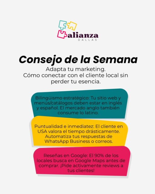 ¡El mercado local te está buscando! Pero, ¿estás hablando su mismo idioma? 🤔📈
Adaptar tu negocio al entorno local no significa perder tu identidad, sino abrirle la puerta a una comunidad entera dispuesta a consumir lo que ofreces.
En el #ConsejoDeLaSemana te dejamos 3 claves fundamentales para conectar con el cliente en USA sin perder tu esencia
¿Cuál de estos tres puntos te urge implementar hoy mismo en tu negocio? Te leemos en los comentarios. 👇🏽