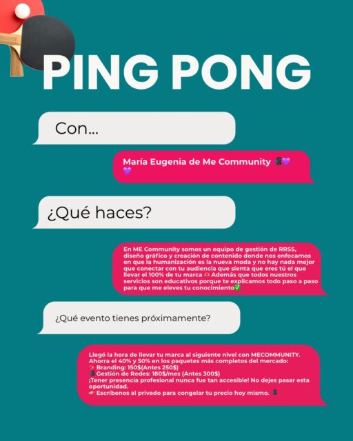 Ping Pong Emprendedor🏓

En esta entrega de nuestro Ping Pong, conversamos con María Eugenia de @mecommunity_ sobre qué hace única a su agencia y los pilares fundamentales para el éxito empresarial. Descubre por qué la humanización es la clave para conectar con tu audiencia y por qué invertir en ti mismo (en salud, fe y conocimientos) es la mejor inversión para tu negocio. Además, ¡no te pierdas sus súper descuentos especiales! Desliza 👉🏼 y toma nota.

Sigue a @mecommunity_ y eleva tu marca al siguiente nivel 📈✨ Guarda este carrusel para cuando necesites inspiración 📌