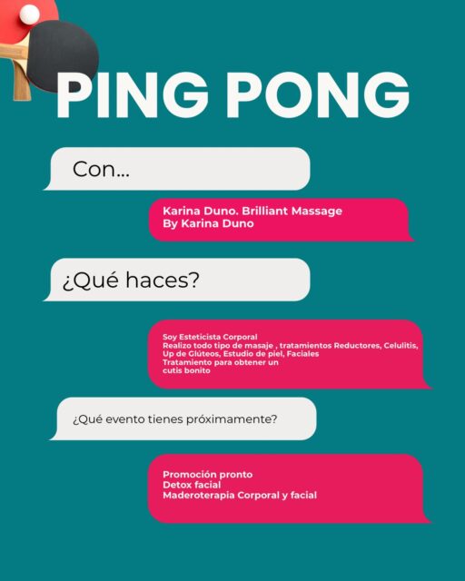¡Nuevo episodio de PING PONG de Preguntas Rápidas! 🏓✨

Hoy nos acompaña Karina Duno, de @brilliant.massage , esteticista corporal apasionada por el cuidado de la piel, la belleza y la salud integral. 💆‍♀️✨

Desliza las imágenes ➡️ para conocer más sobre su trayectoria, los servicios que ofrece, sus próximos lanzamientos y los valiosos consejos que comparte para todos los emprendedores.

Apoyemos el talento y la dedicación de nuestra comunidad. ❤️ Guarda este post, comparte y déjanos tu mensaje en los comentarios. 👇

#Emprendedores #PingPong #EsteticaCorporal #SaludYBelleza #Bienestar Maderoterapia