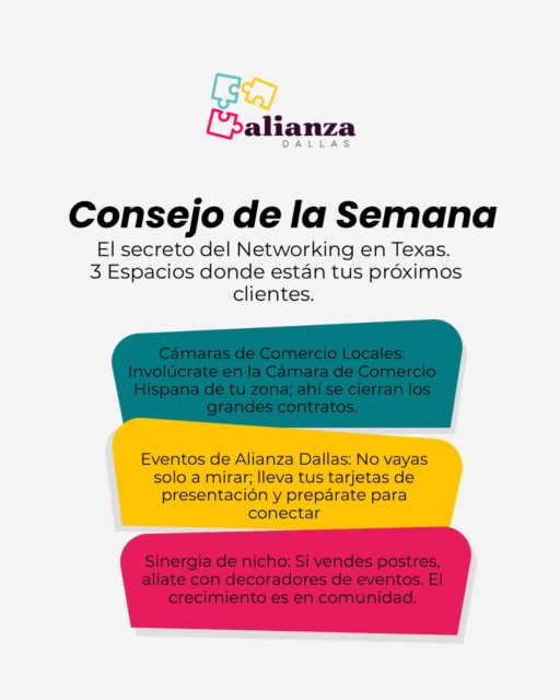 ¡El crecimiento de tu negocio no ocurre de forma aislada, ocurre en comunidad! 🤝✨

Si estás buscando expandir tu marca y conectar con las personas correctas en Texas, no te puedes perder el Consejo de la Semana 💡👇

Aquí te dejamos 3 espacios clave donde están tus próximos clientes y aliados estratégicos

👉 ¿En cuál de estos 3 espacios vas a enfocar tu energía esta semana? ¡Déjanos tu respuesta en los comentarios! 👇