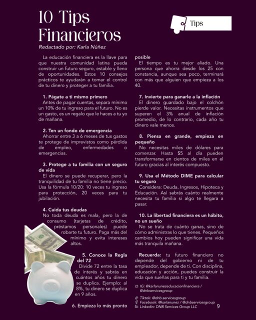 La educación financiera es la llave para construir un futuro seguro, estable y lleno de oportunidades para ti y tu familia.

Te invitamos a leer con atención la imagen para descubrir los consejos prácticos compartidos por Karla Núñez, desde cómo pagarte a ti primero y crear un fondo de emergencia, hasta la importancia de la regla del 72, el interés compuesto y el método DIME.

📌 Guarda este post y compártelo con alguien que necesite tomar el control de su dinero hoy.

Recuerda: tu futuro financiero no depende del gobierno ni de tu empleador, depende de ti. ¡Con disciplina, educación y acción puedes construir la vida que sueñas!

📲 IG: @karlanunezeducacionfinanciera / @dnbservicesgroup