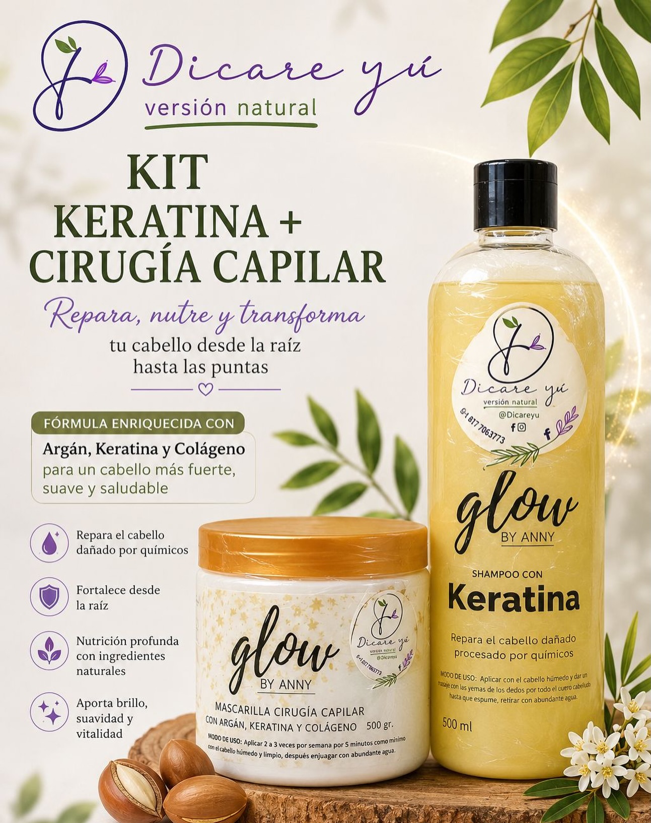 🌿 Kit Keratina + Crema Cirugía Capilar 🌿

Para cabello maltratado por químicos, reseco o que necesita un extra de nutrición y suavidad. ✨
Incluye shampoo de keratina + mascarilla de cirugía capilar, enriquecidos con argán, keratina y colágeno.

Kit completo $25 USD
500 ml + 500 g

✨ Muy pocas unidades disponibles. Si quieres el tuyo, mándame mensajito para apartarlo.

@dicareyu …