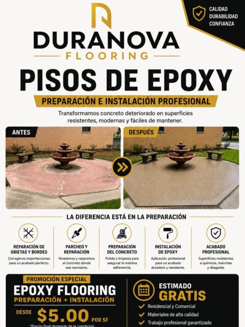🚧 ¿Tienes un proyecto de concreto que necesita una transformación?

En Duranova Flooring nos especializamos en preparación e instalación profesional de pisos de epoxy para proyectos residenciales y comerciales.

💰 Desde $5.00/SF promoción Especial...
📋 Estimados GRATIS

(945) 290-9630
Siguenos en IG:  @duranovaflooring