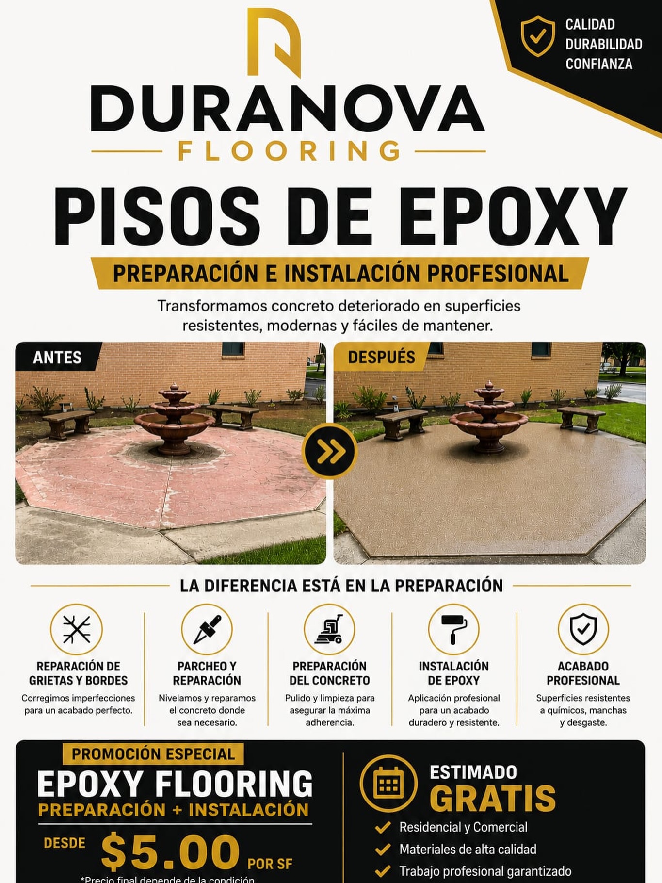 🚧 ¿Tienes un proyecto de concreto que necesita una transformación?

En Duranova Flooring nos especializamos en preparación e instalación profesional de pisos de epoxy para proyectos residenciales y comerciales.

💰 Desde $5.00/SF promoción Especial...
📋 Estimados GRATIS

(945) 290-9630
Siguenos en IG:  @duranovaflooring