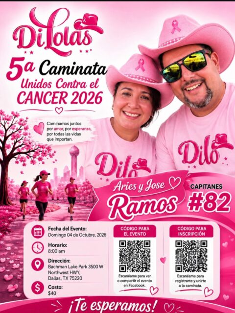 5ª Caminata Unidos Contra el Cáncer 2026💓💓

Caminamos juntos por amor, por esperanza, por todas las vidas que importan.

Fecha del Evento: Domingo 04 de Octubre, 2026
 Horario: 8:00 am
 Dirección: Bachman Lake Park, 3500 W Northwest Hwy, Dallas, TX 75220
 Costo: $40

Creado por: @dilolasdallas 🩷🩷
