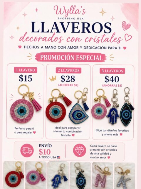 Te recomendamos los hermosos llaveros decorados con cristales hechos a mano por Wylls Shopping USA (@wyllashopping_usa ). 💎👜

✨ Precios increíbles para regalar o regalarte:
 💖 1 llavero: $15 (Perfecto para ti o para regalar)
 👑 2 llaveros: $28 (Ahorras $2 - Ideal para compartir o tener tu combinación favorita)
 🛍️ 3 llaveros: $40 (Ahorras $5 - Elige tus diseños favoritos y ahorra más)

📦 Envío disponible por solo $10 a todo USA. 🇺🇸
💬 ¡Beneficio exclusivo para nuestra comunidad! Si eres miembro de @alianzadallas , obtendrás un pequeño descuento en tu compra al escribirles. 😉✨

📲 ¡Haz tu pedido hoy mismo! Visita y escribe directo a @wyllashopping_usa para apartar tus diseños favoritos.

¡Apoya el talento y los pequeños negocios! Tu apoyo significa todo. 🌸