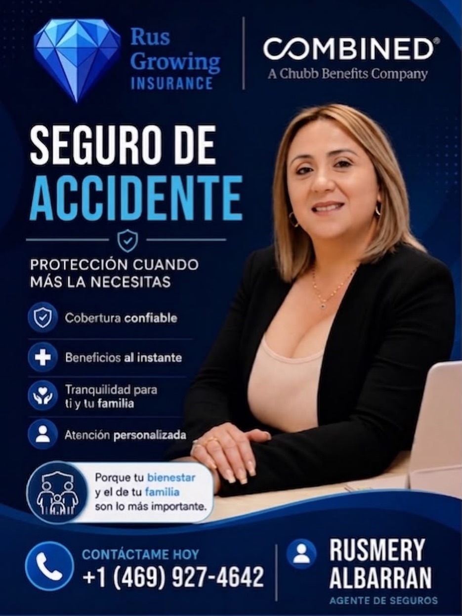 Te recomendamos los servicios de nuestra aliada Rusmery Albarran (Agente de Seguros de Rus Growing Insurance con respaldo de Combined - A Chubb Benefits Company). 🤝💼

Si estás buscando una protección confiable cuando más lo necesitas, ella te ofrece:
 🛡️ Cobertura confiable adaptada a ti.
 ⚡ Beneficios al instante.
 👨‍👩‍👧‍👦 Tranquilidad para ti y tu familia.
 💬 Atención personalizada.

📲 ¡Contáctala hoy mismo!

Llama o escribe al: +1 (469) 927-4642 📞