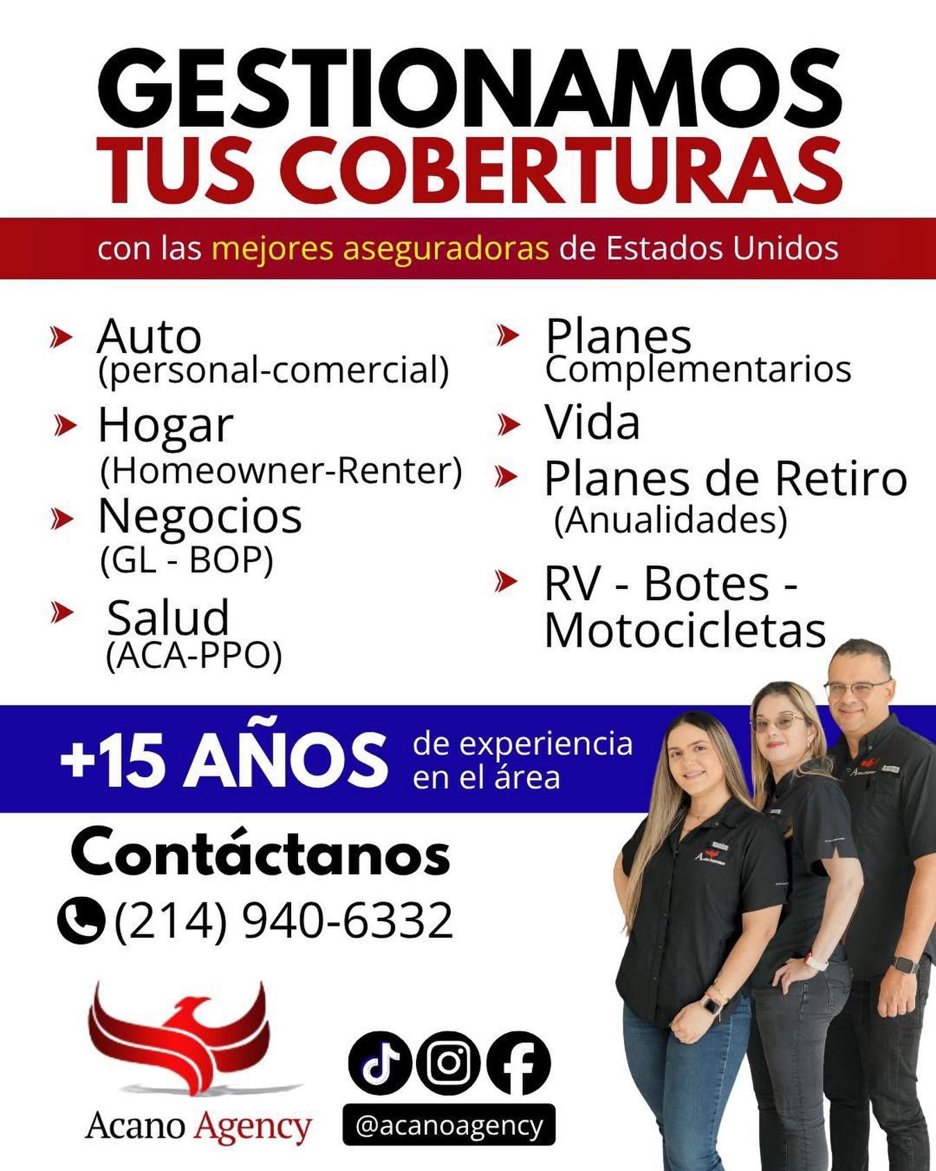 En Alianza Dallas sabemos lo importante que es proteger tu patrimonio, tu salud y a los que más amas. 

Por eso, te recomendamos los servicios de nuestros aliados en Acano Agency, quienes cuentan con más de 15 años de experiencia en el área para brindarte la mejor asesoría personalizada. 🤝📈

Te ayudan a proteger cada aspecto clave de tu vida y tus proyectos con opciones en:
 Auto (personal - comercial)
 Hogar (Homeowner - Renter)
 Negocios (GL - BOP)
 Salud (ACA - PPO)
 Planes Complementarios
 Vida
 Planes de Retiro (Anualidades)
 RV - Botes - Motocicletas

📞 ¡Contáctalos hoy mismo y asegura tu tranquilidad!
Llama al: (214) 940-6332 📱

Síguelos en sus redes como @acanoagency para más información.