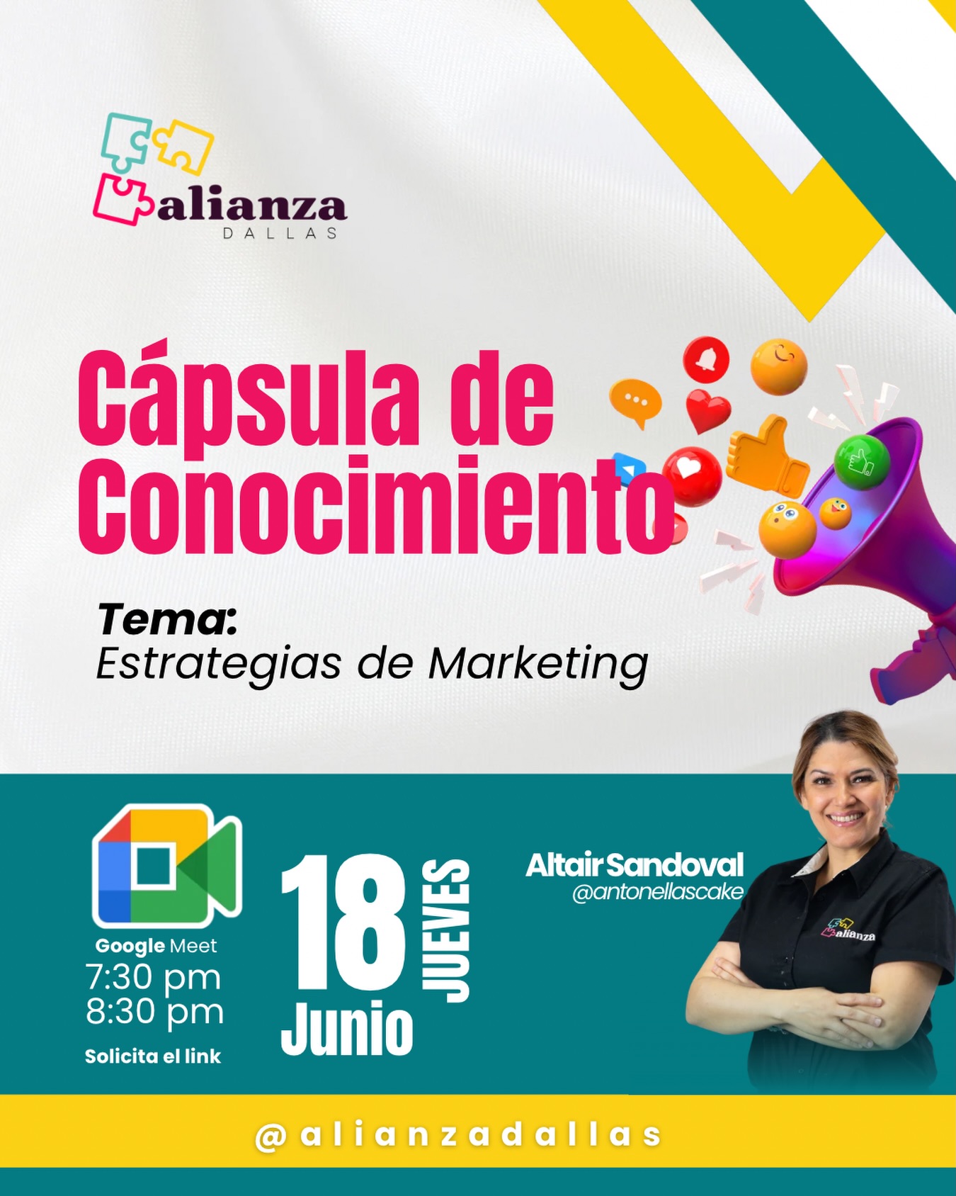 ¿Sientes que tu negocio tiene un gran producto pero te cuesta llegar a las personas correctas? 🗣️✨

En nuestra próxima Cápsula de Conocimiento vamos a descifrar las claves para que impulses tu marca. Nos acompaña Altair Sandoval (@antonellascake ), quien compartirá las mejores estrategias de marketing para llevar tu proyecto al siguiente nivel.

🗓️ ¿Cuándo? Jueves, 18 de Junio
⏰ ¿A qué hora? 7:30 pm a 8:30 pm
📍 ¿Dónde? Online vía Google Meet

🚀 La entrada es gratuita, pero los cupos son limitados. Comenta abajo o envíanos un mensaje directo con la palabra “LINK” para asegurar tu lugar. ¡Te esperamos!