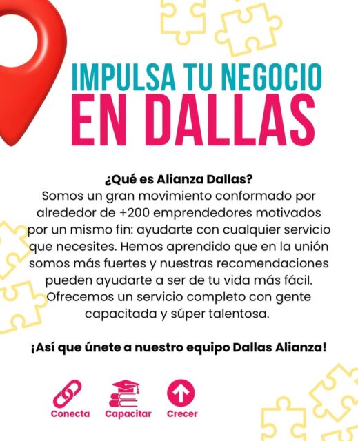 ¿Eres emprendedor en Dallas? 👀

No camines solo 👣

En Alianza Dallas te ofrecemos el espacio para conectar con otros dueños de negocios, compartir recursos y multiplicar tus oportunidades 🧩

Juntos, hacemos que la economía local sea más fuerte ❤️🫶