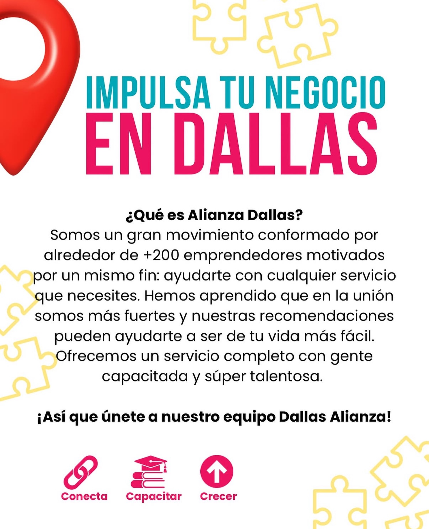 ¿Eres emprendedor en Dallas? 👀

No camines solo 👣

En Alianza Dallas te ofrecemos el espacio para conectar con otros dueños de negocios, compartir recursos y multiplicar tus oportunidades 🧩

Juntos, hacemos que la economía local sea más fuerte ❤️🫶